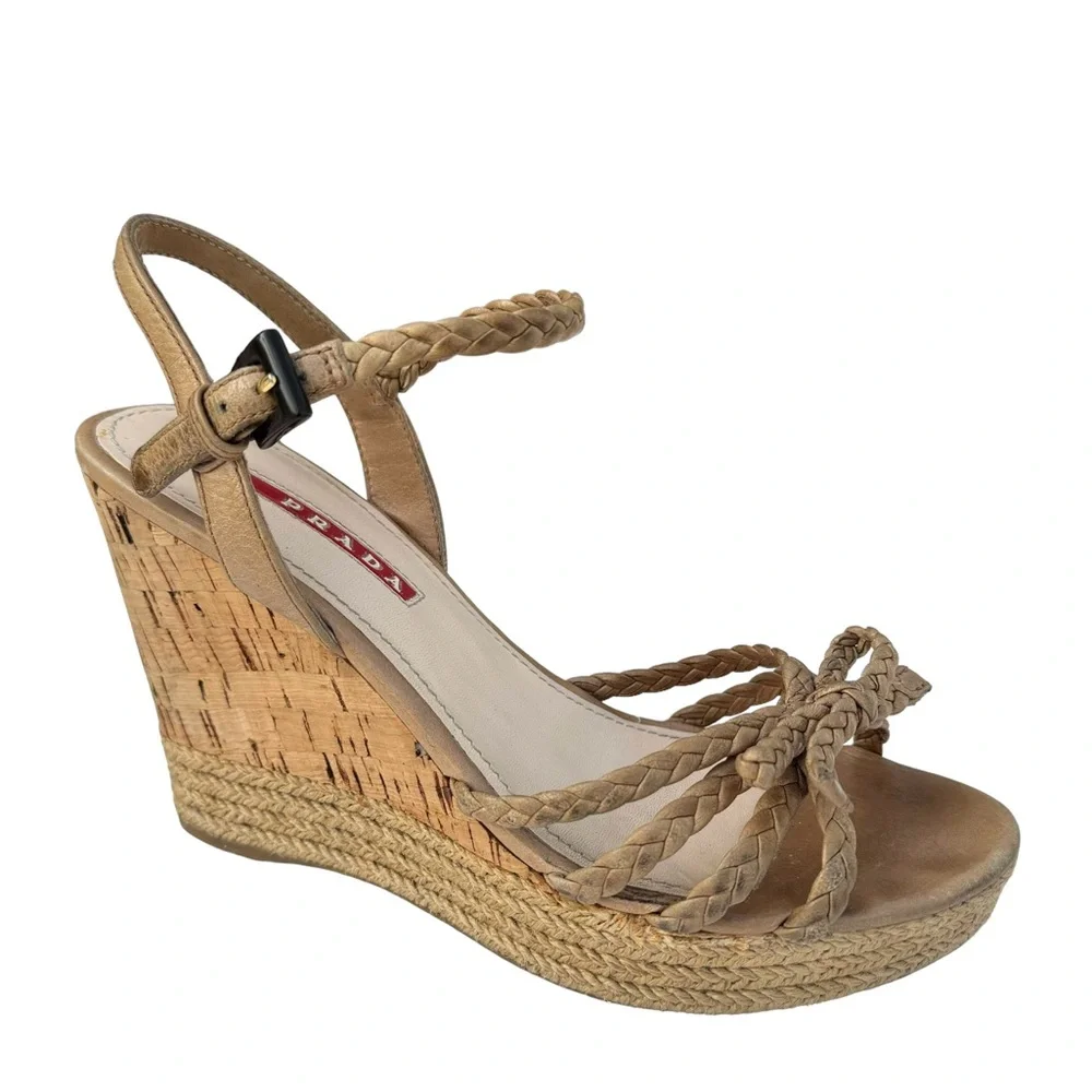 PRADA Strappy Sandals Cork Wedges Tan - Picture 8 of 16